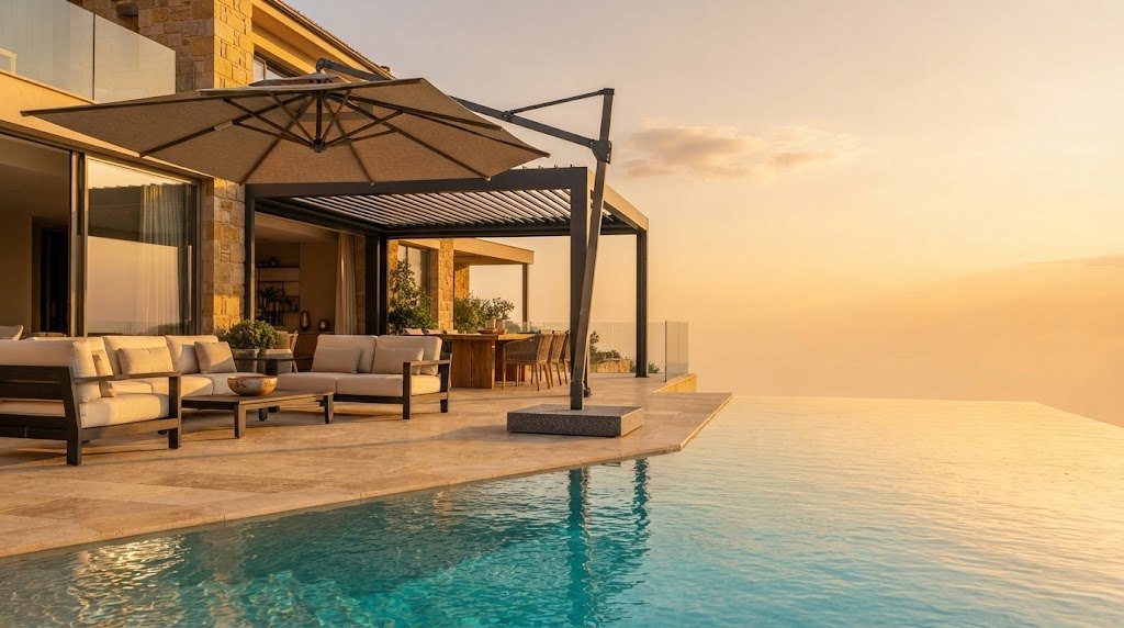 A villa terrace with a Dhuha umbrella and a louvred pergola